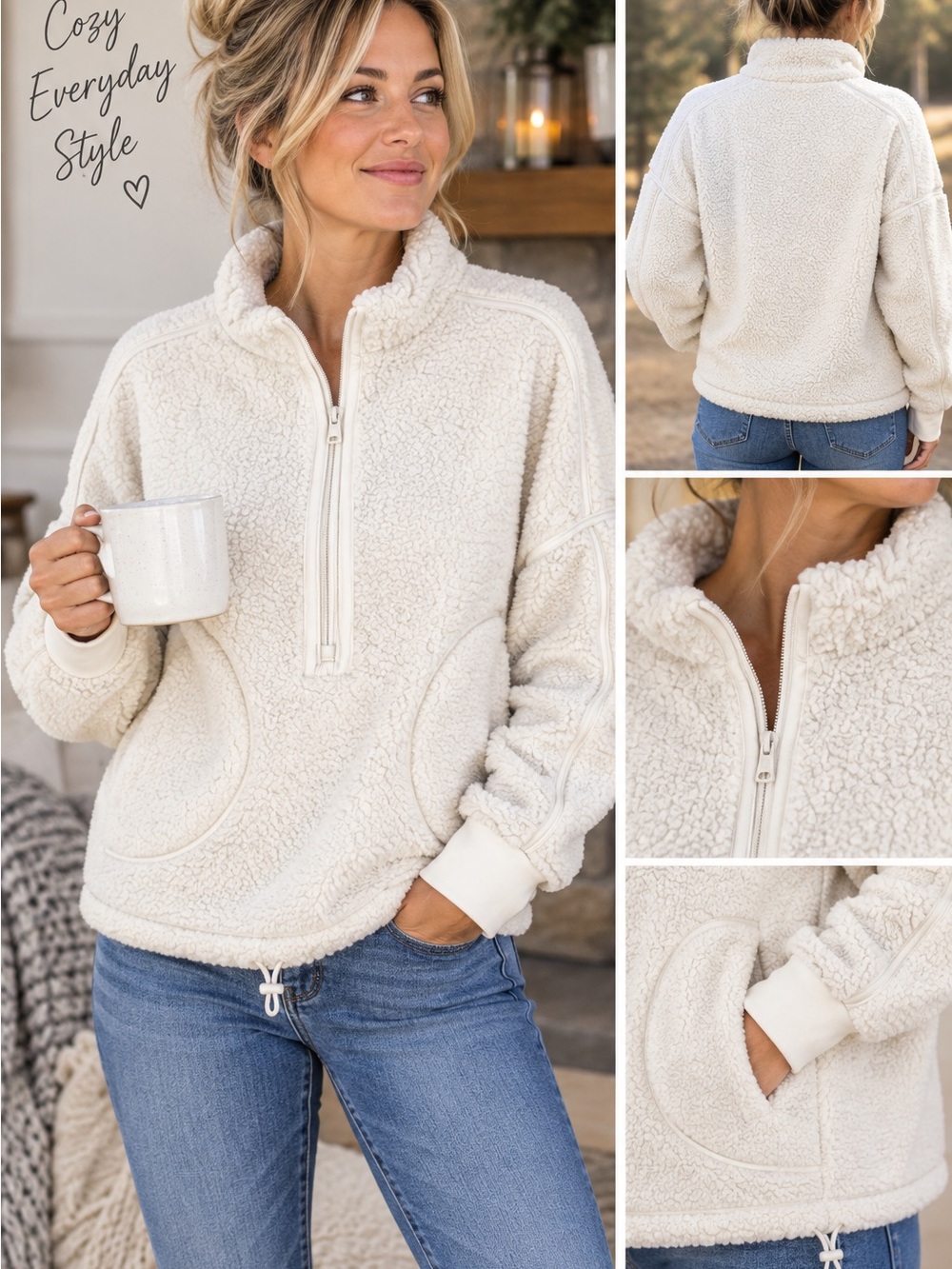 SO Women’s XL Ivory Sherpa Fleece Half Zip Pullover Super Soft Cozy